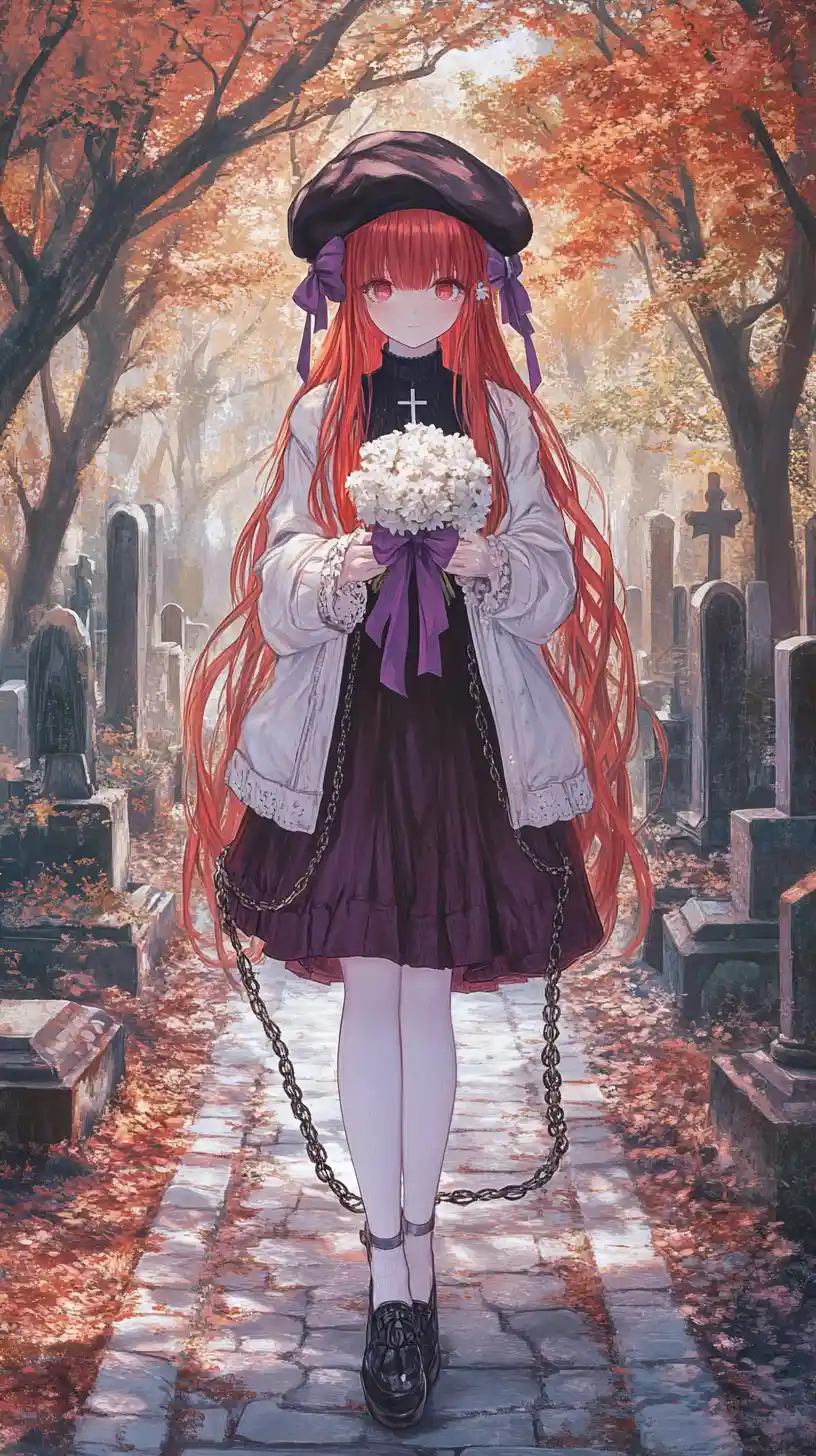 Anime girl walking through an autumn cemetery path