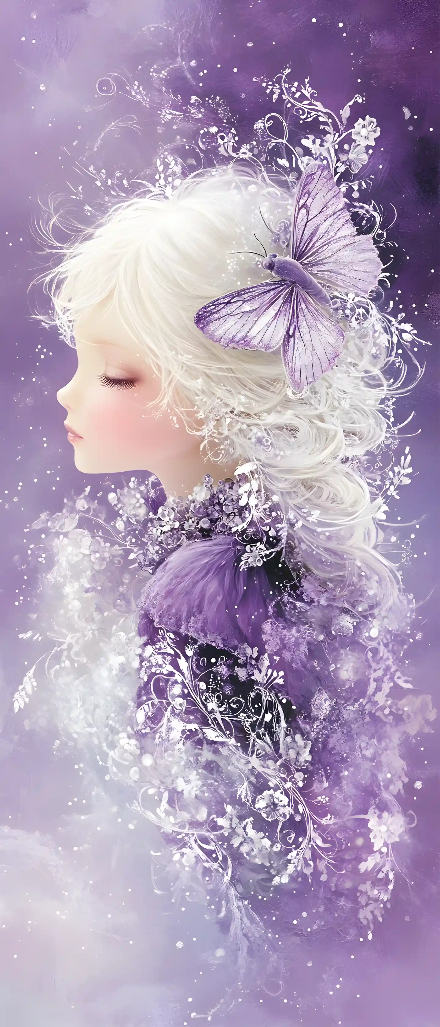 Donna eterea che si dissolve in falene viola luminose