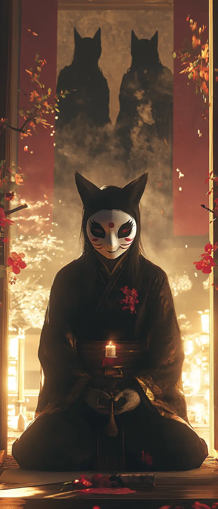 柔和燭光下超現實神社中的動畫狐仙