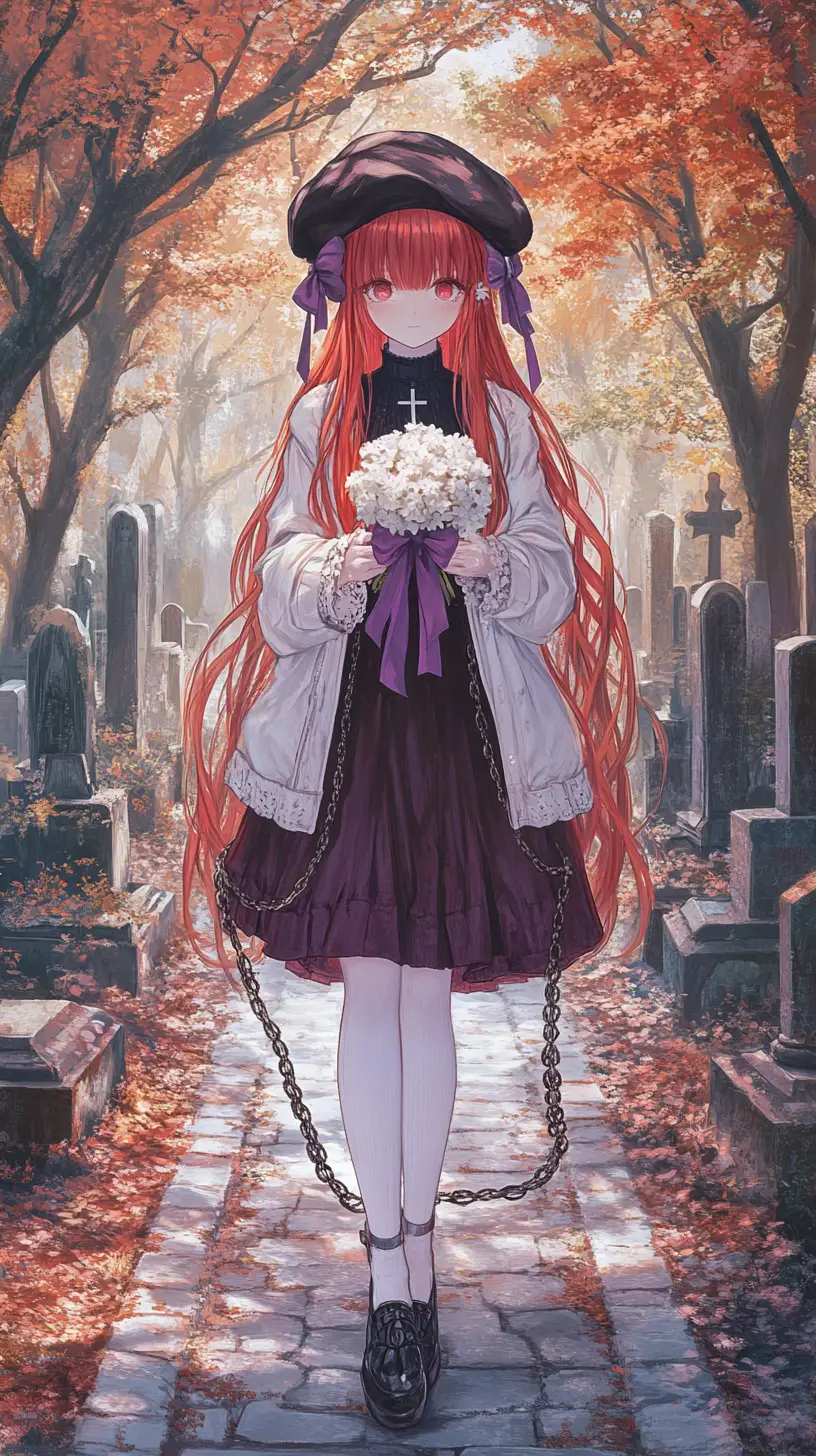 Fille d’anime marchant sur un sentier de cimetière en automne