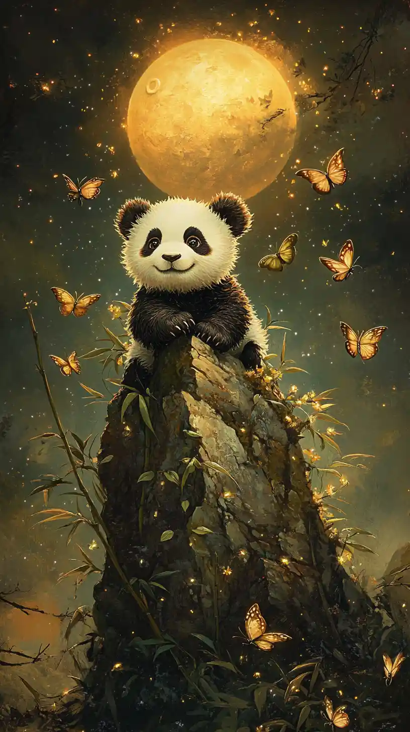 Cute tiny panda on bamboo peak under golden moon
