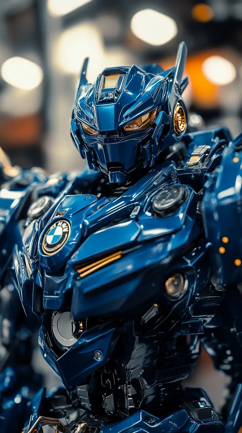 Blauer Mecha-Roboter in voller Körperansicht mit metallischem, mechanischem Design
