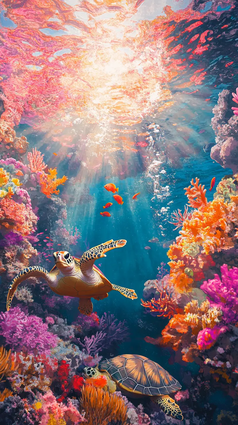 Récif Corallien Vibrant avec Tortue de Mer sous des Vagues Baignées de Soleil