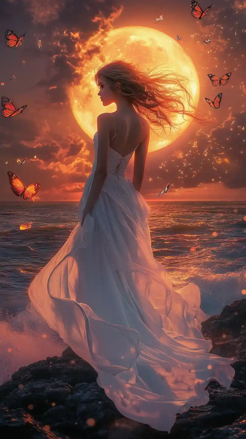 Woman in flowing white gown on moonlit coastline