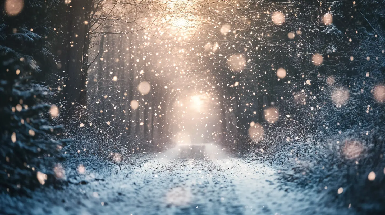 冬日陽光盤旋的雪地森林小徑