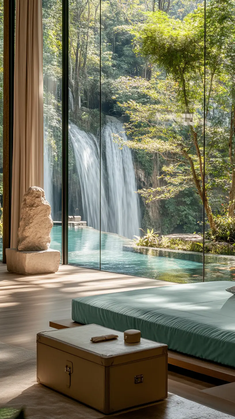 Chambre minimaliste surplombant une piscine à cascade dans la forêt tropicale