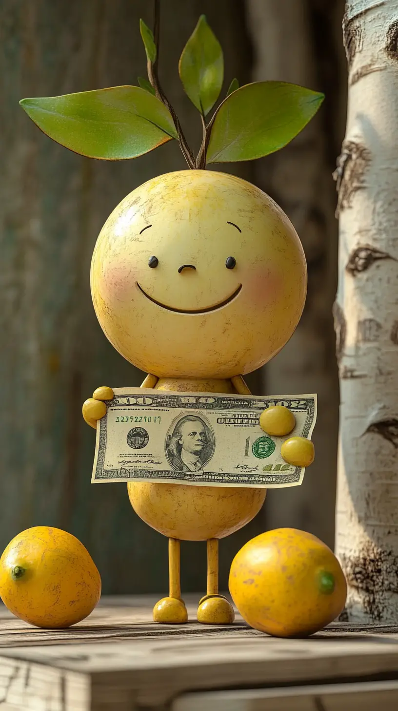Niedrige 3D-Cartoonfigur mit Geld und Zitronen