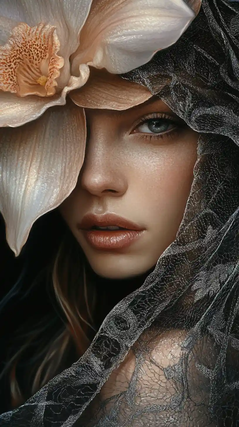 Misteriosa donna velata con orchidea in drammatico primo piano