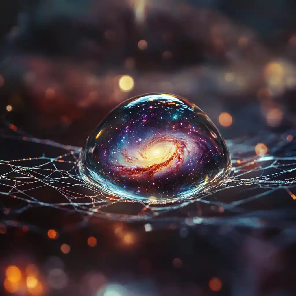 Makro-Wassertropfen auf Spinnennetz, der eine Galaxie reflektiert
