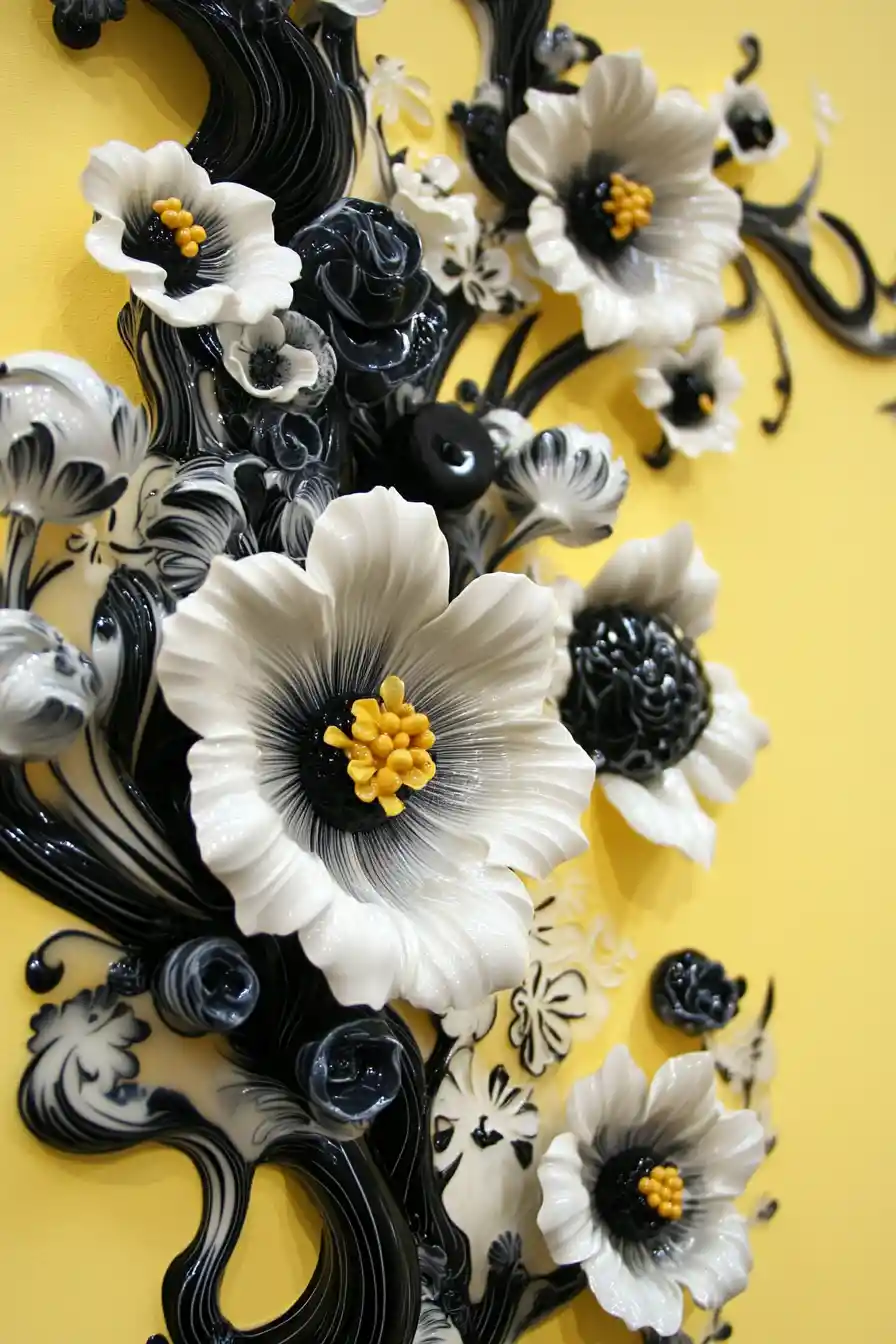 Ornate black and white abstract floral sculpture artwork