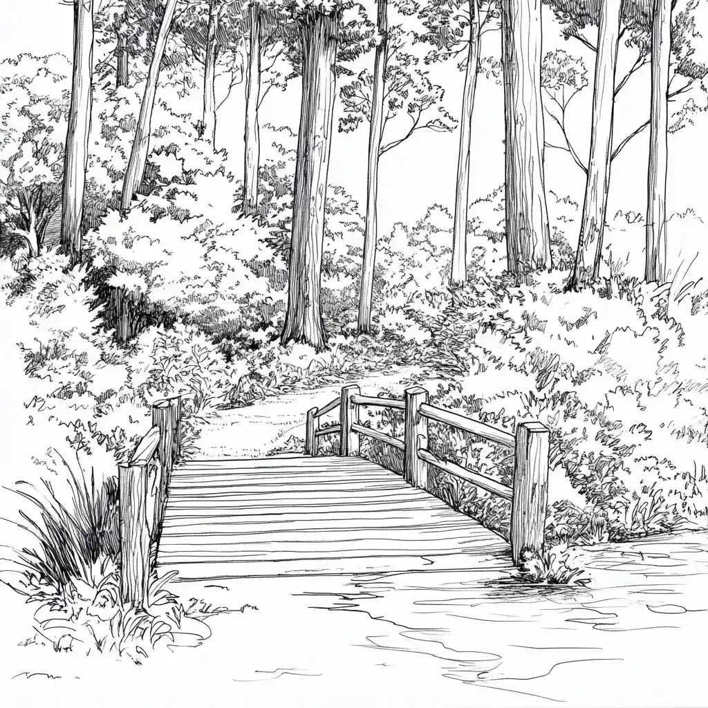 Peaceful forest river with wooden bridge line drawing