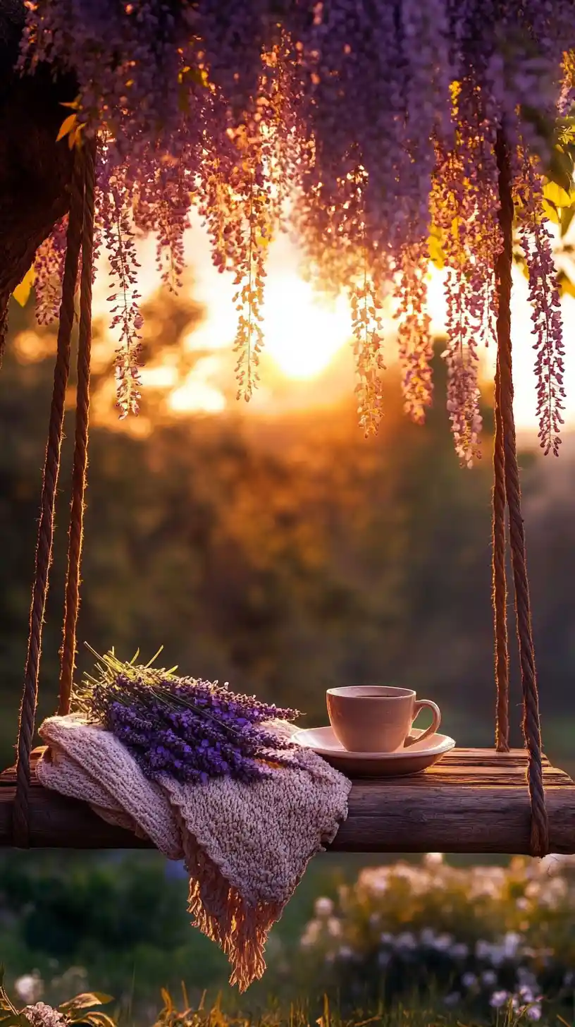 Altalena su albero di glicine con bouquet di lavanda al tramonto