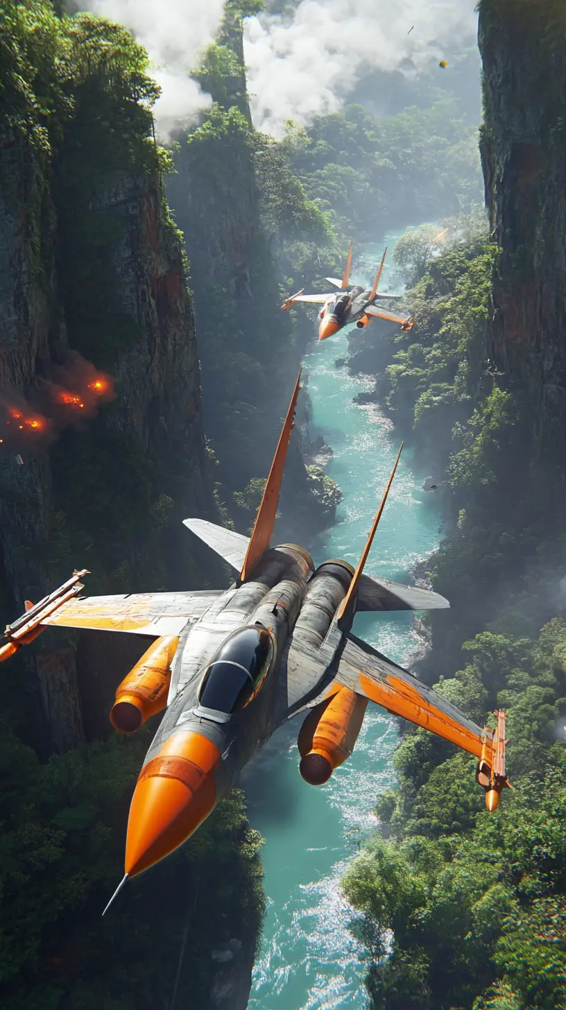 熱帯ジャングルの渓谷上空を飛ぶスタイライズされた戦闘機（日中）
