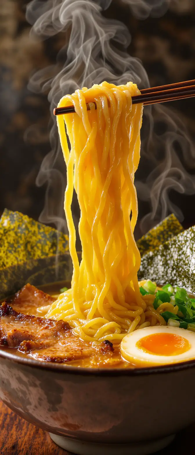 Nahaufnahme von Ramen-Nudeln, mit Stäbchen im warmen Licht angehoben