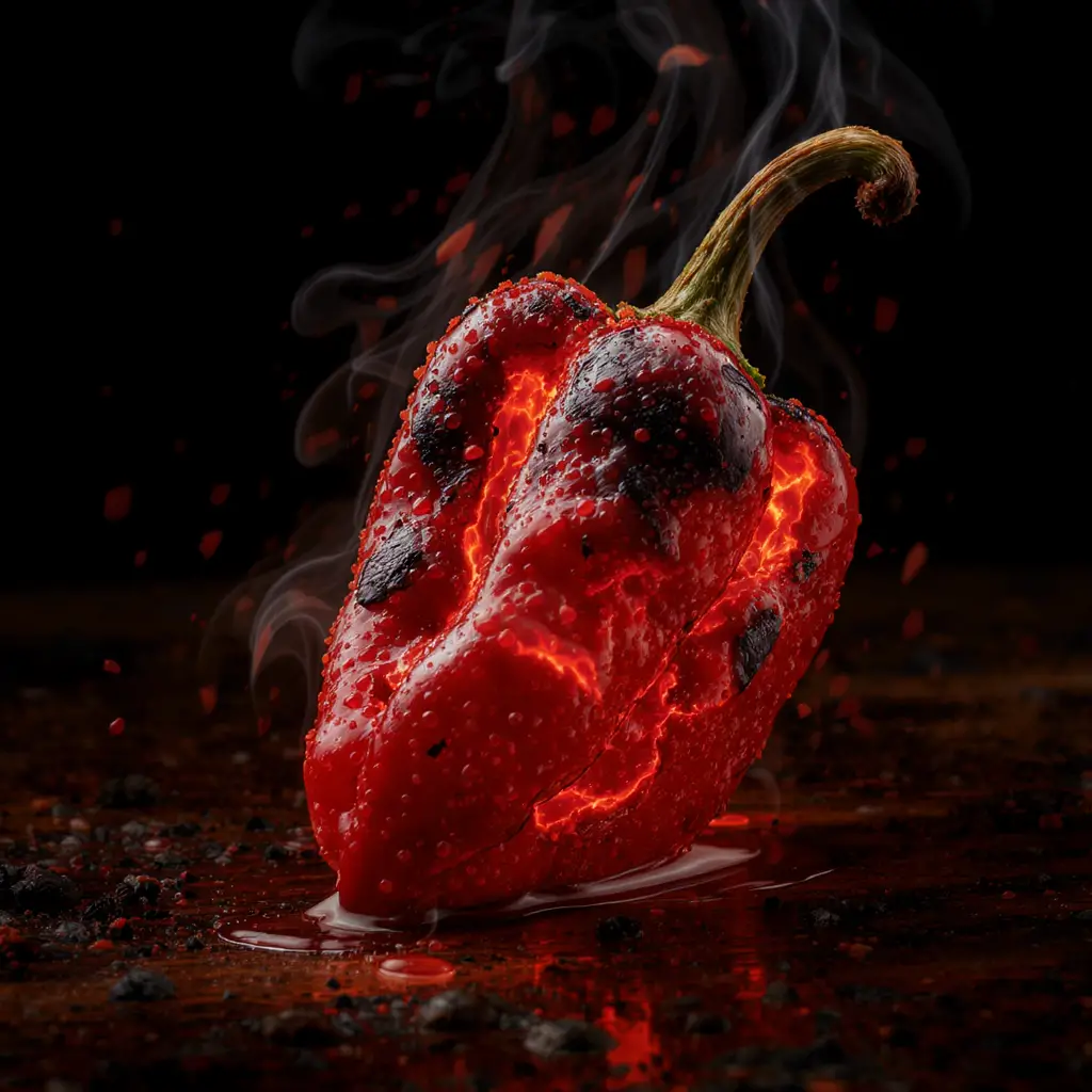 Piment ghost rouge ardent en macro extrême avec sauce piquante