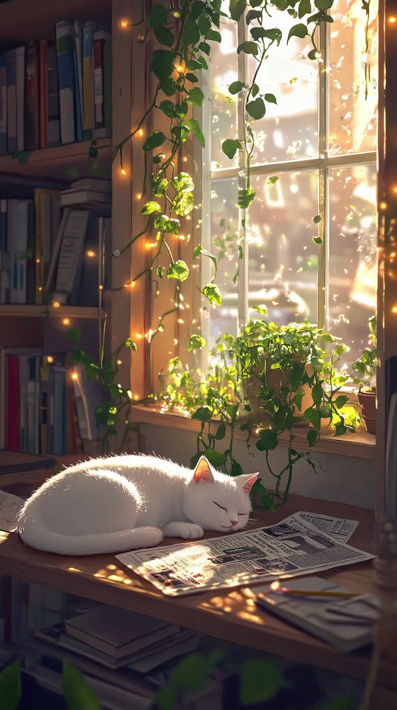 Gatto bianco che dorme alla finestra in una accogliente stanza in stile anime