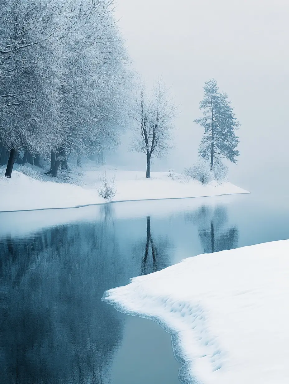 Neve silenziosa che cade su un lago ghiacciato e immobile