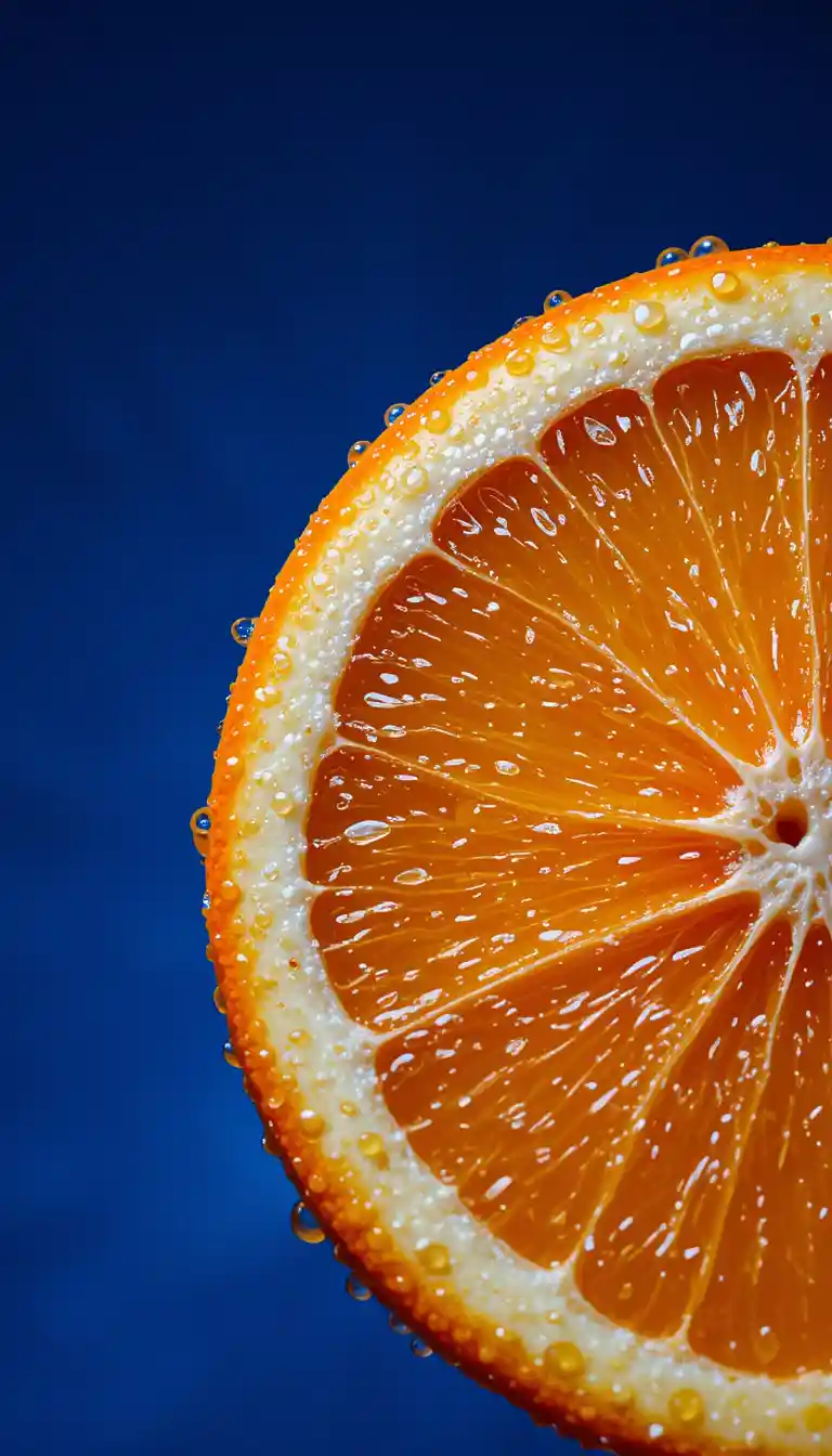 Close up of fresh orange slice with water droplets