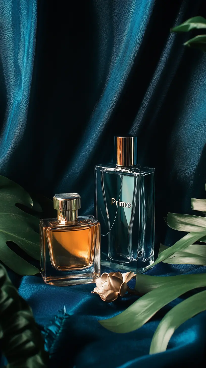 Flaconi di profumo e trucchi su sfondo di tenda blu scuro