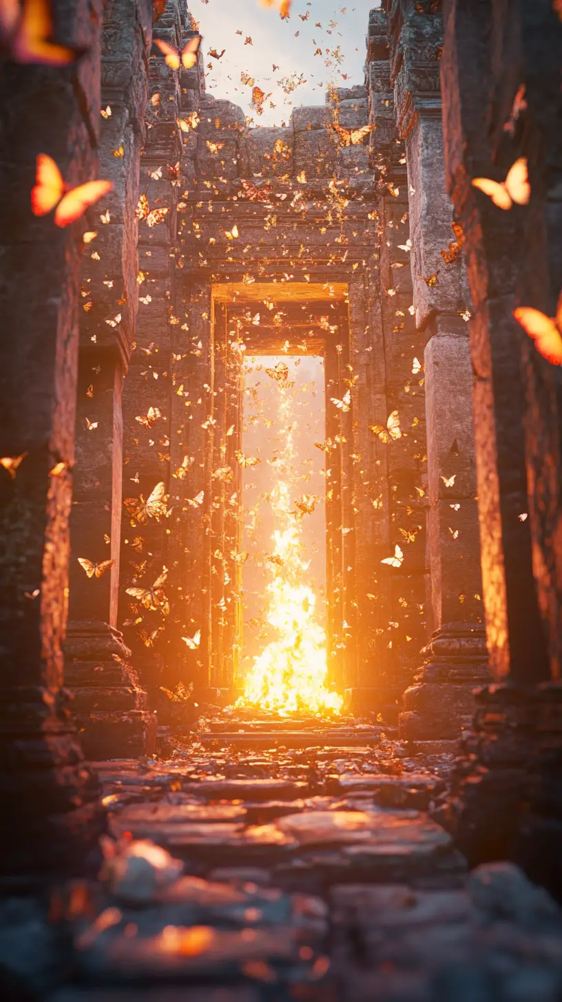 Bunte Schmetterlinge fliegen ins heilige Feuer in einem antiken Tempel