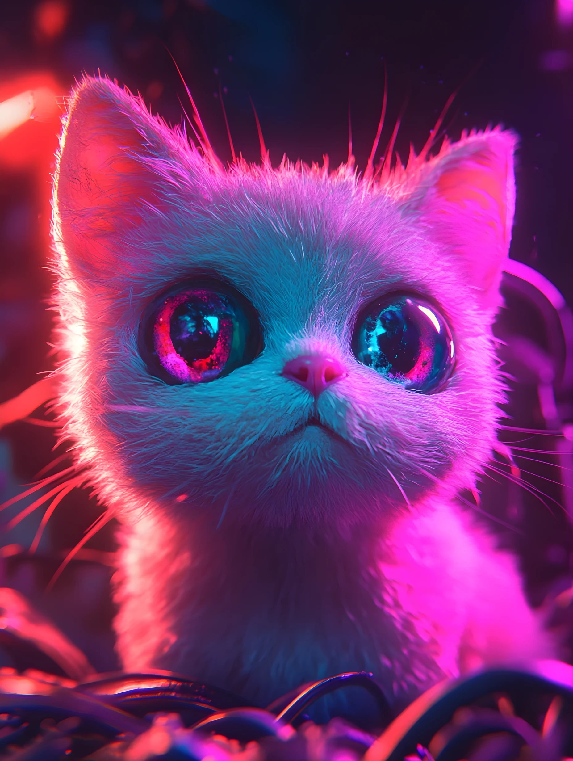 Gato Neon Surreal em Close-Up de Mídia Mista Onírica
