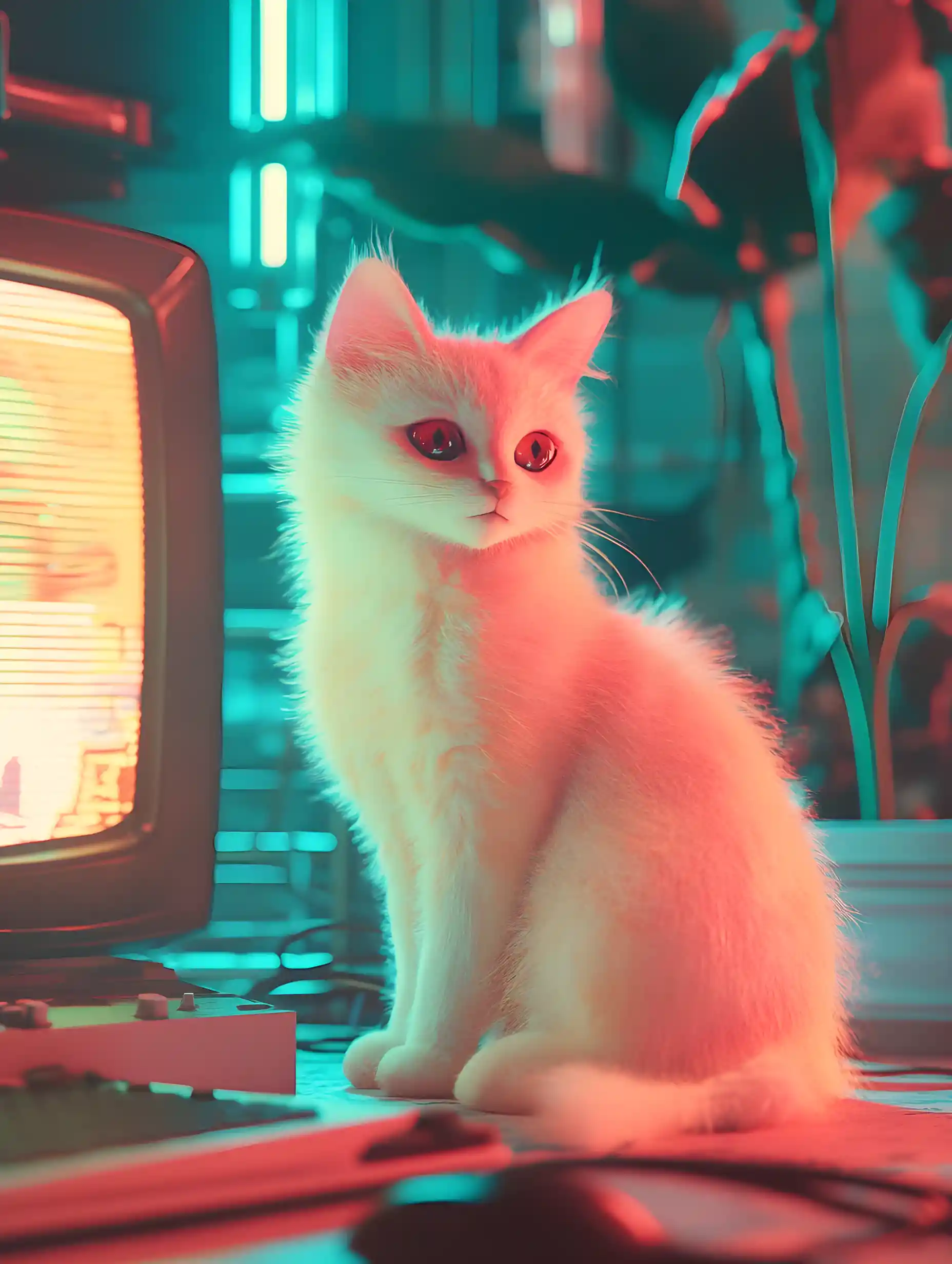 Surreal neon cat in dreamy cinematic abstract scene