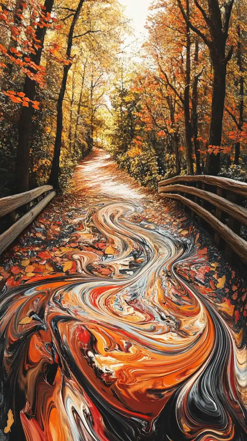 Autumn paint can pouring into a glowing forest path