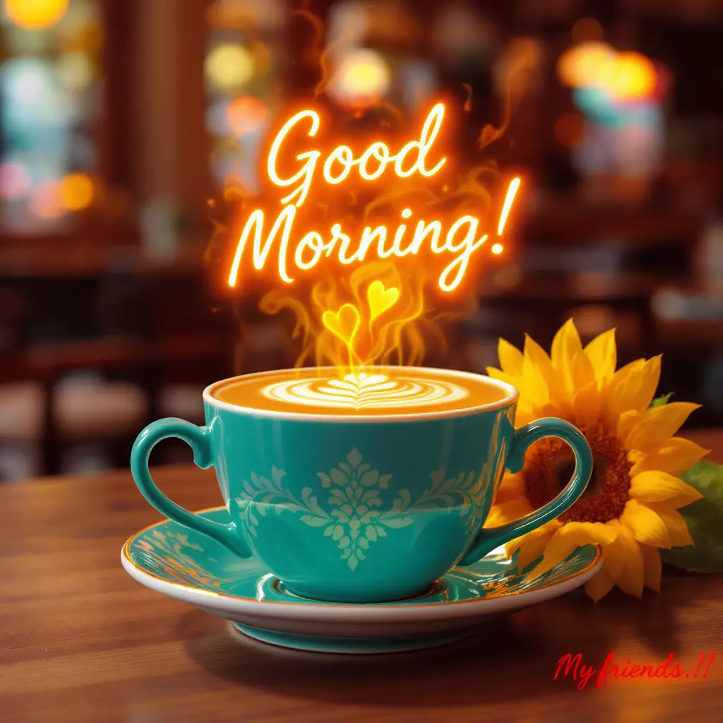 Turquoise coffee cup with latte art and glowing morning text
