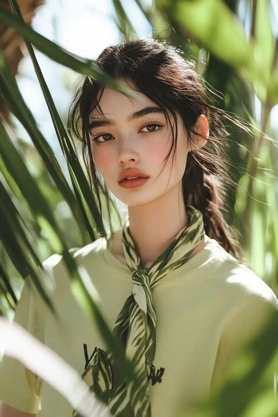 Japanese model in tropical safari inspired fashion portrait