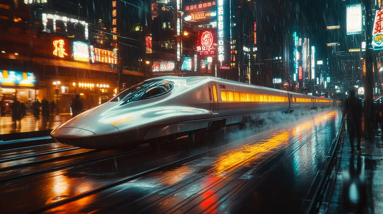 Retro futuristic bullet train racing through neon city night