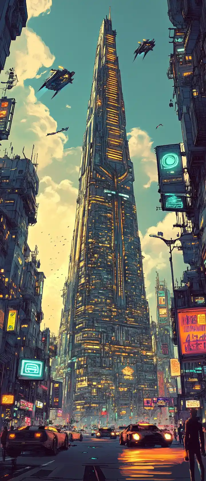 Futuristic city skyscraper at golden hour with flying cars