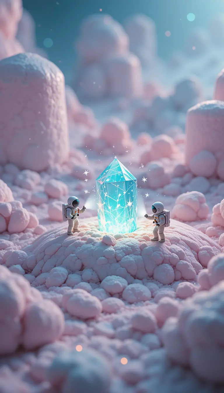 Astronautas em miniatura explorando um planeta surreal de marshmallow
