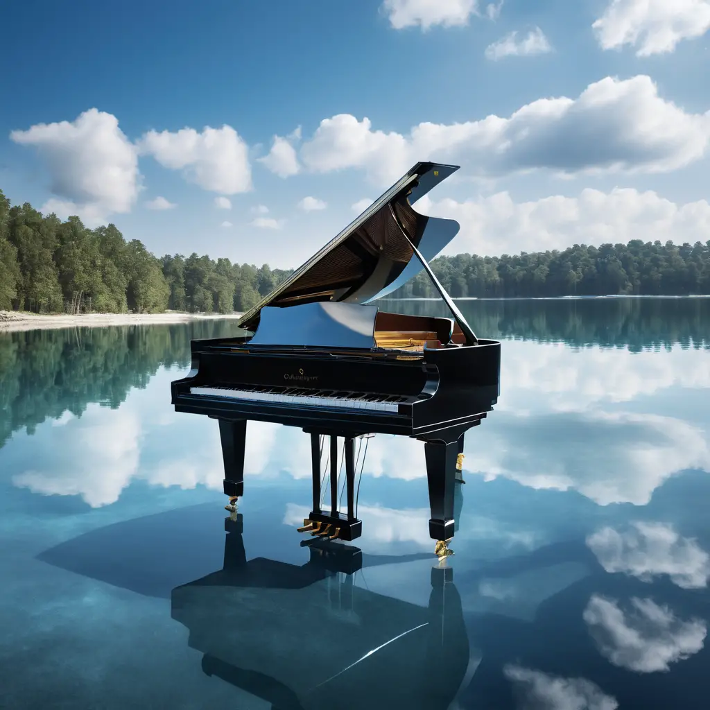 Piano à queue noir au bord d’un lac calme et réfléchissant