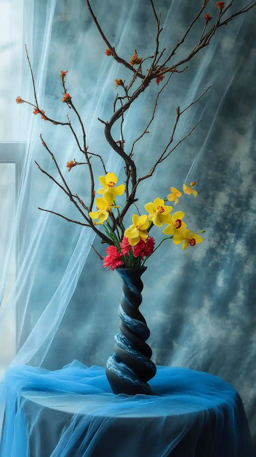 Modern floral arrangement reflected in a large wall mirror