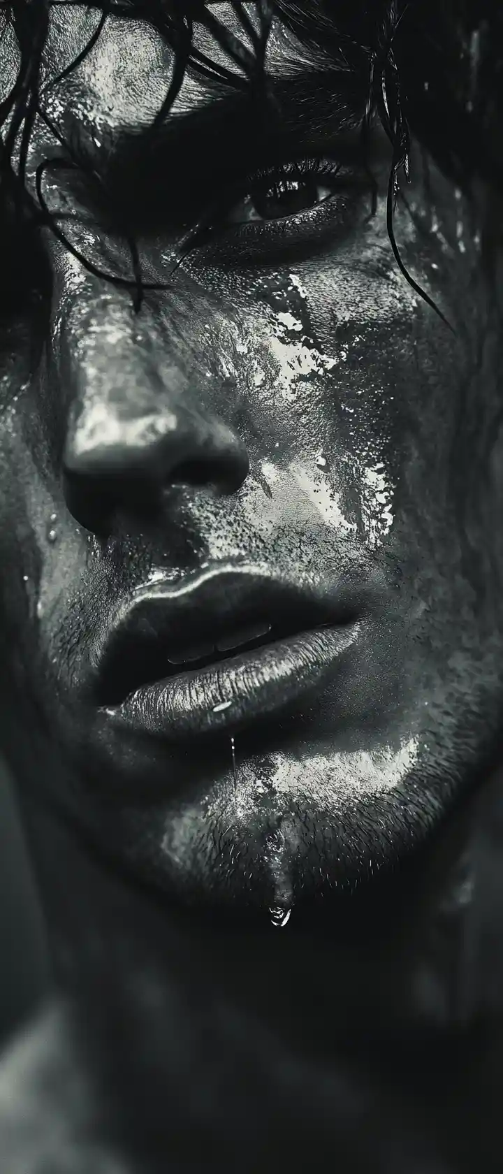 Dark haired man extreme close up portrait with anguish