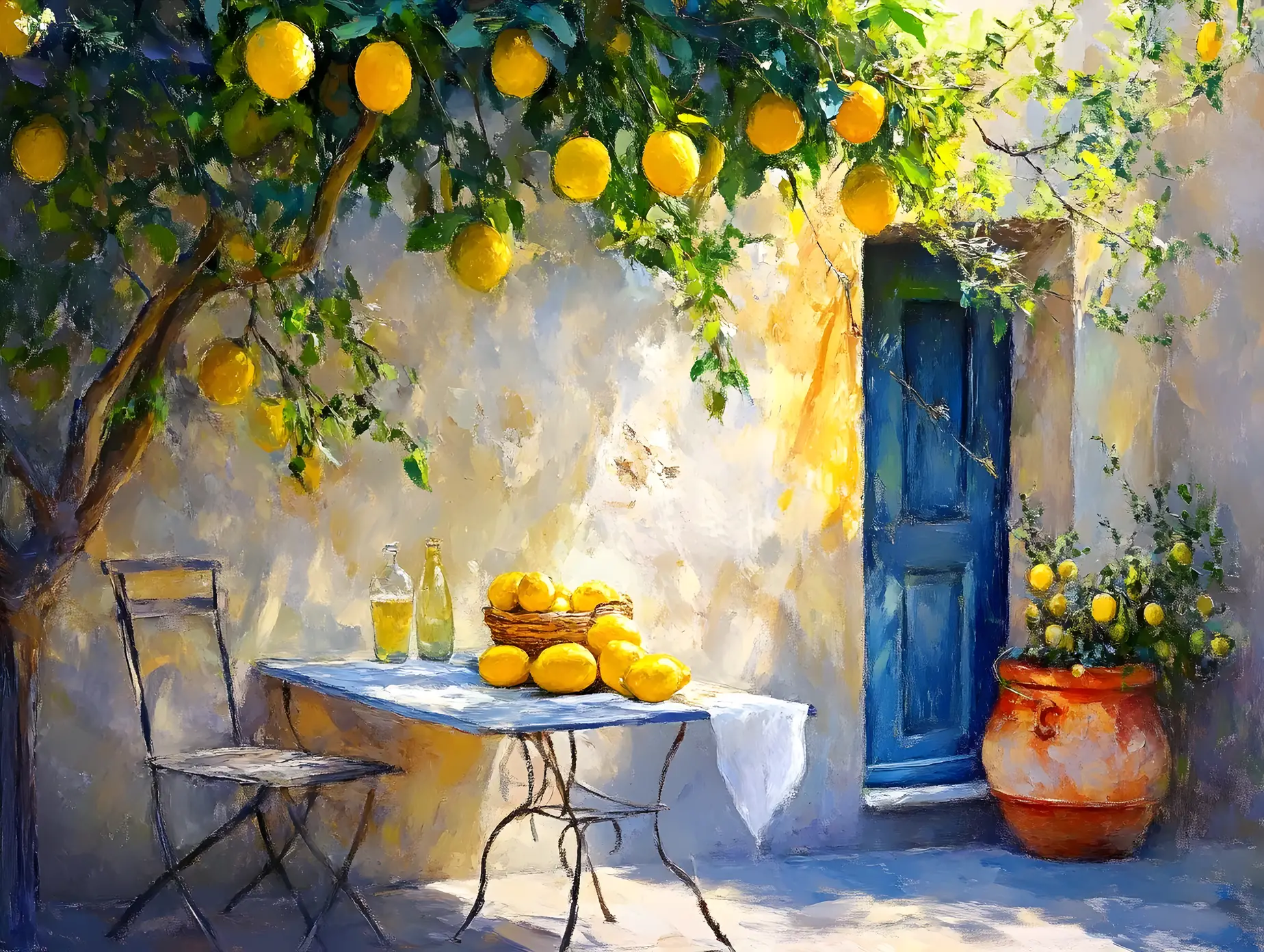 Cozy lemon tree by a table in a Mediterranean courtyard