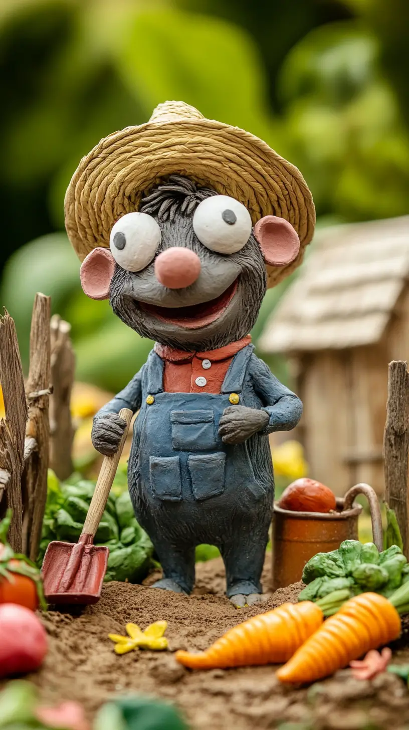 Jardinier Taupe Joyeux en Claymation dans un Potager