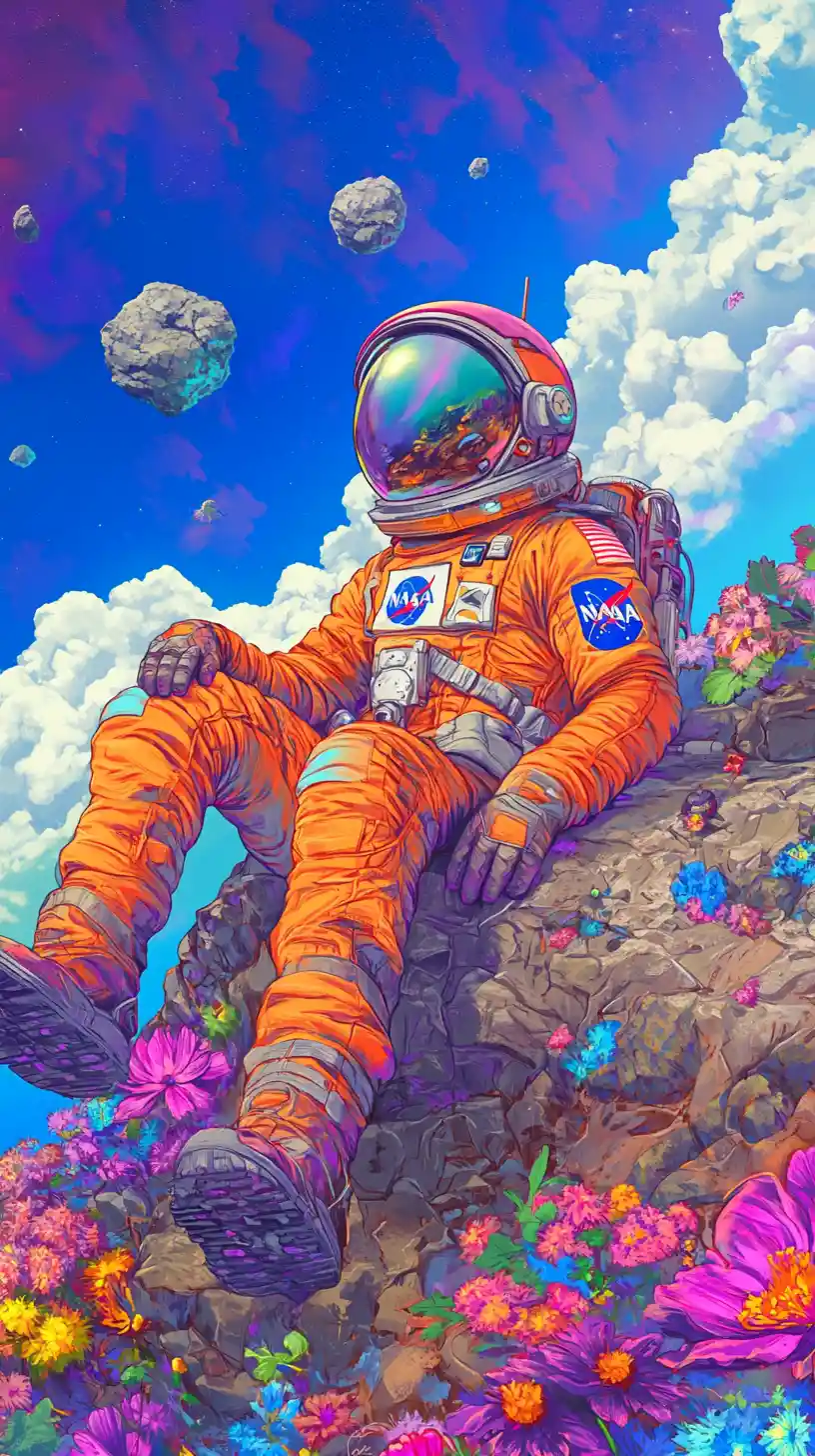 Astronaut Relaxing On Colorful Rocky Alien Landscape