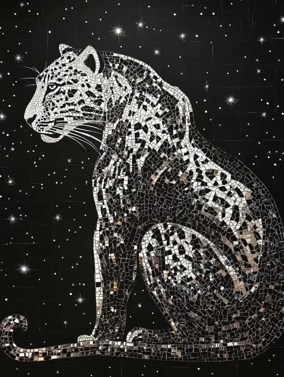 Silver mosaic leopard glowing beneath a bright starry sky