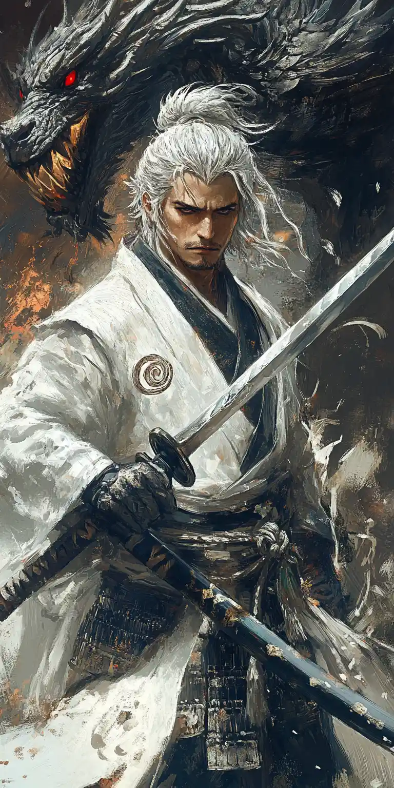 Silver haired samurai warrior before a dragon