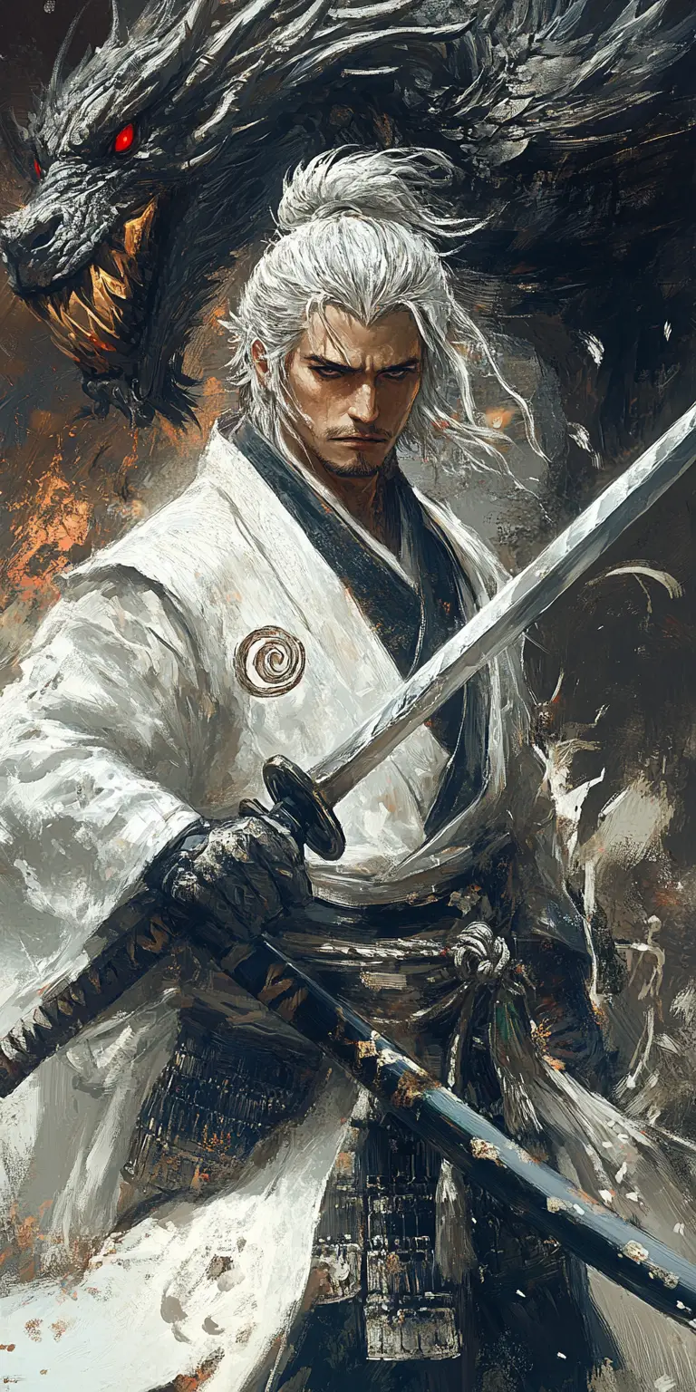 Guerrier samouraï aux cheveux argentés face à un dragon