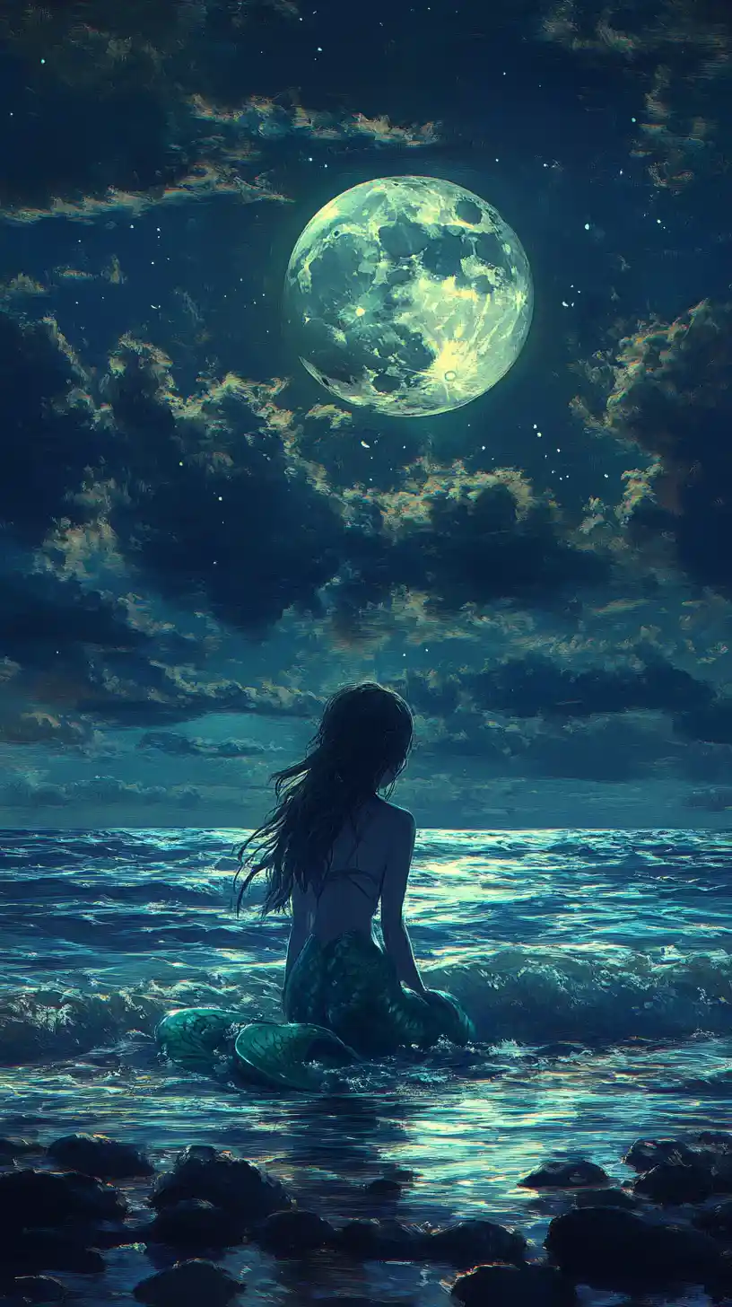 Anime mermaid resting in moonlit shallow beach waters