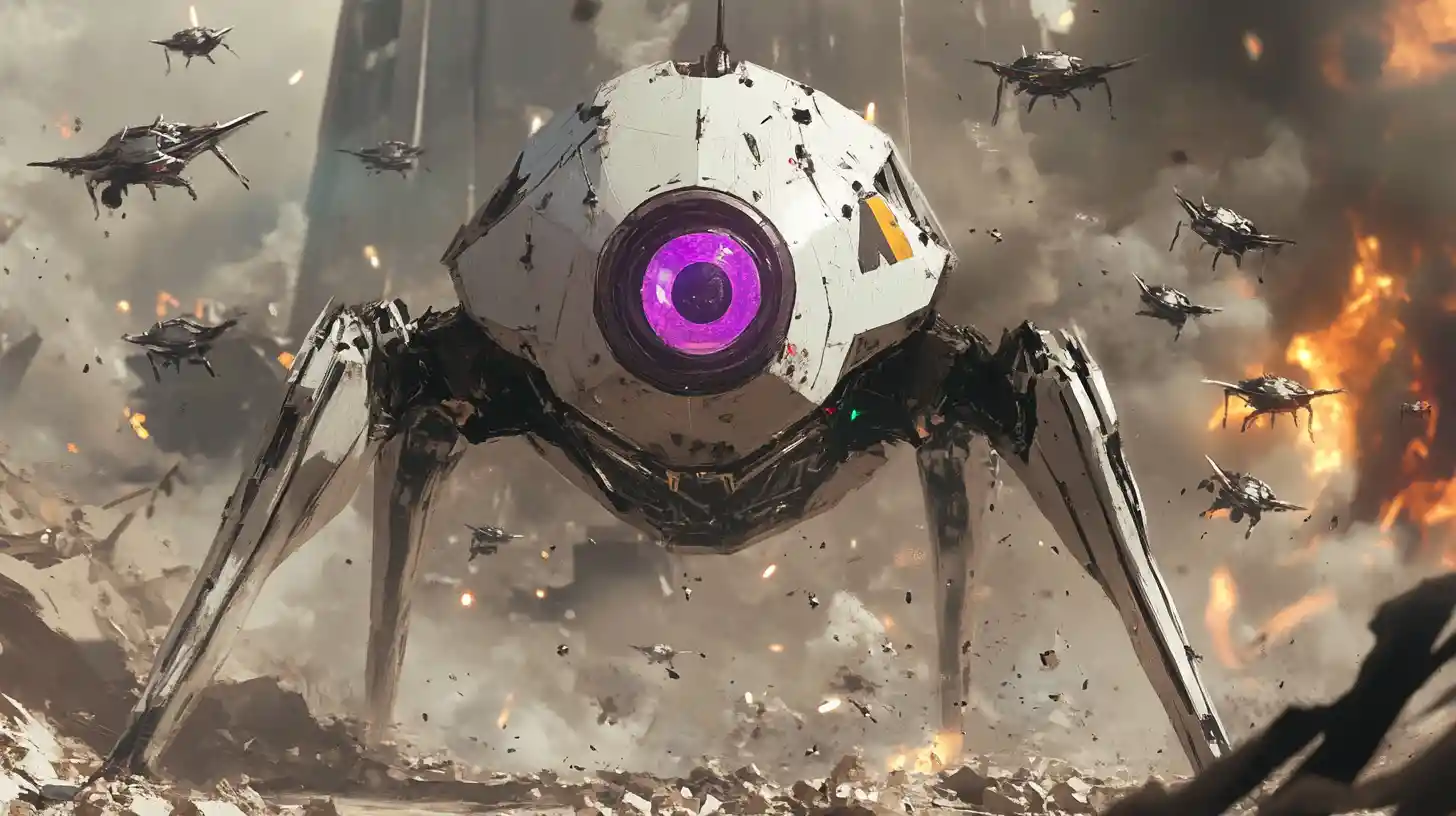 Anime quadruped robot with drones on battlefield