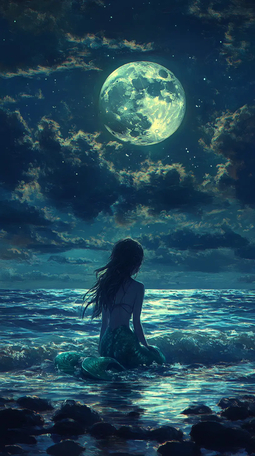 Sirenetta anime che riposa nelle acque basse di una spiaggia al chiaro di luna