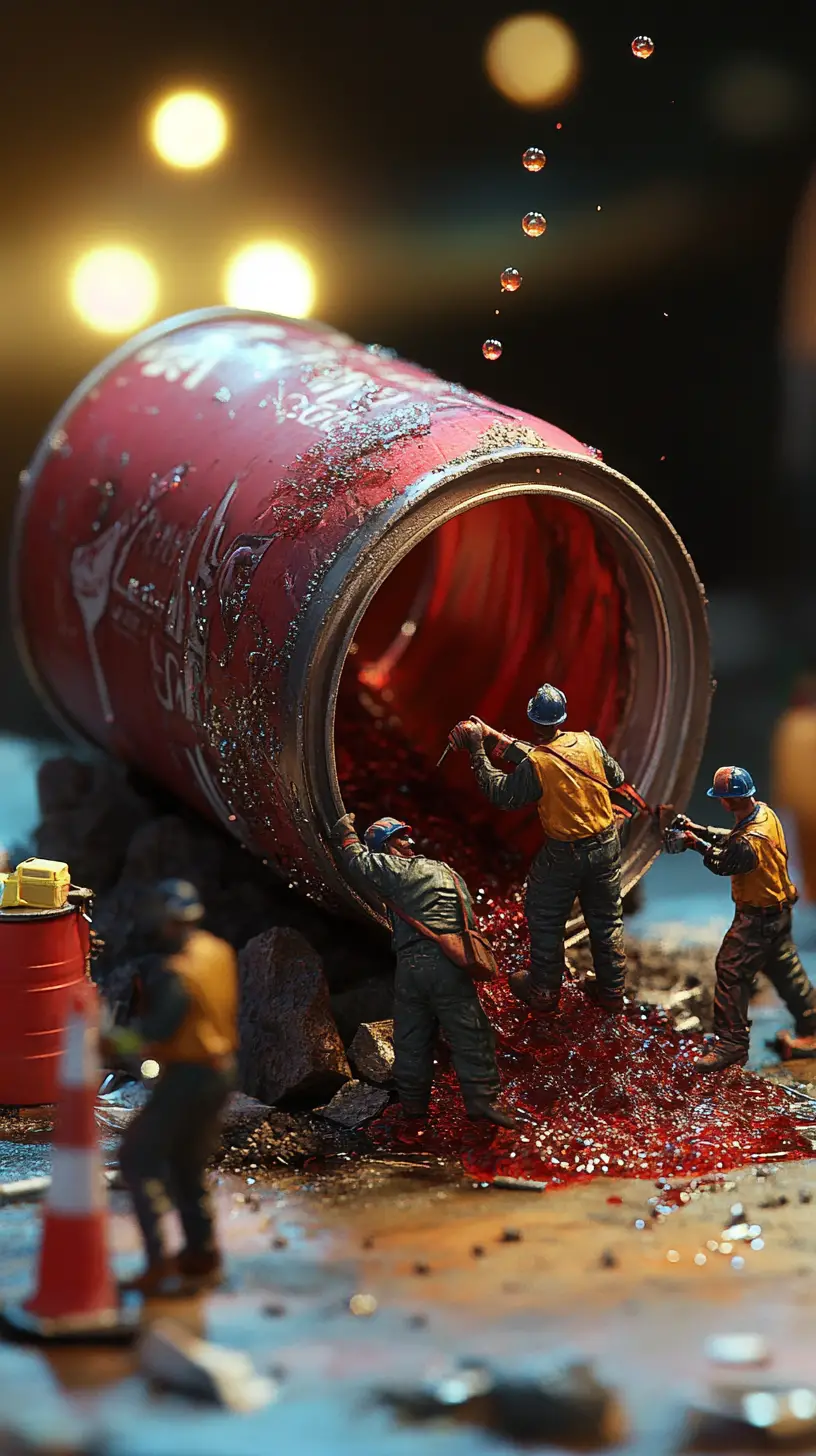 Lavoratori in miniatura che sistemano il liquido versato da una lattina di soda caduta