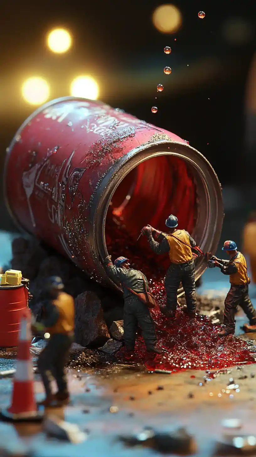 Miniature workers fixing a fallen soda can spill scene