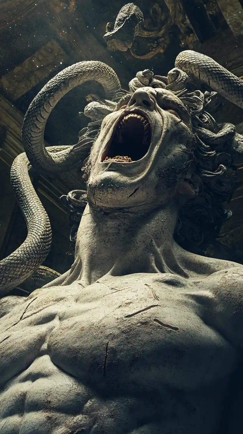 Stone gorgon statue screaming in a crumbling temple