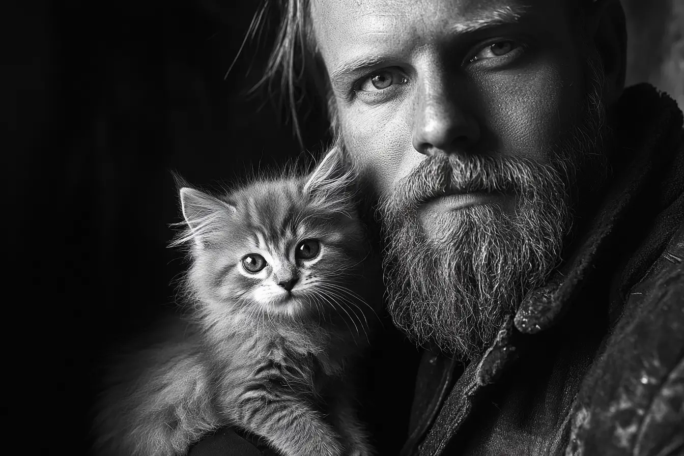 Homme barbu avec chaton dans un portrait granuleux en noir et blanc