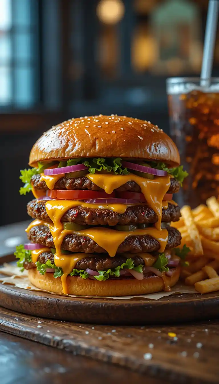 Close up cheeseburger with fries on wooden diner table