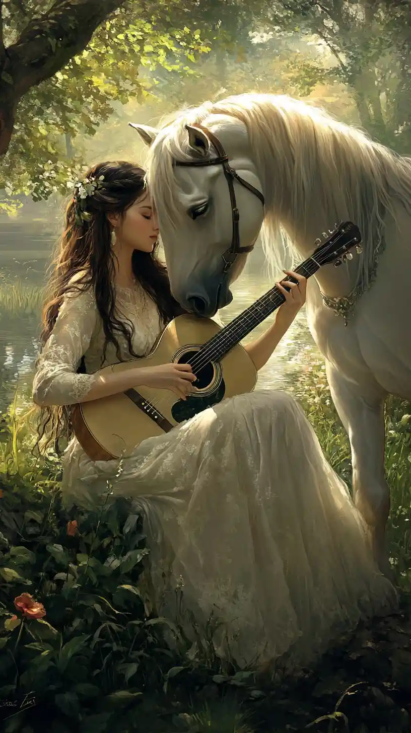 Giovane donna con chitarra accanto a un cavallo bianco nella natura